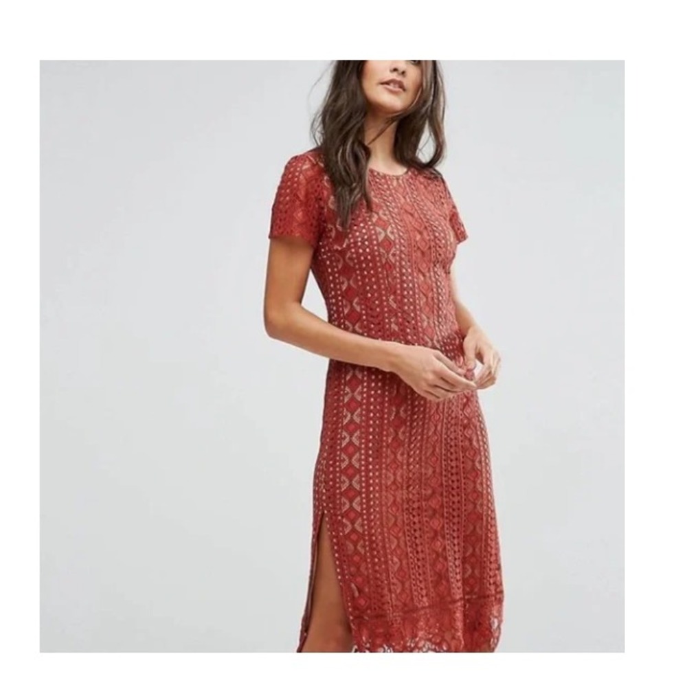 Goldie Lace Dress Women Large Dusty Fitted Over Knee Lined Side Zip Burnt Orange